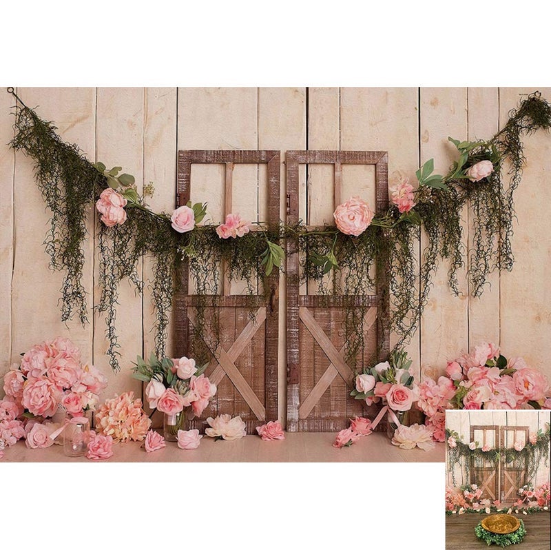 DASHAN 7x5ft Pink Flowers Wood Barn Door Backdrop Wedding Bridal Photography Backdrop Engagement Party Ceremony Photo Background Props for Girl Pink Flowers Wood Tapestry - Image 2